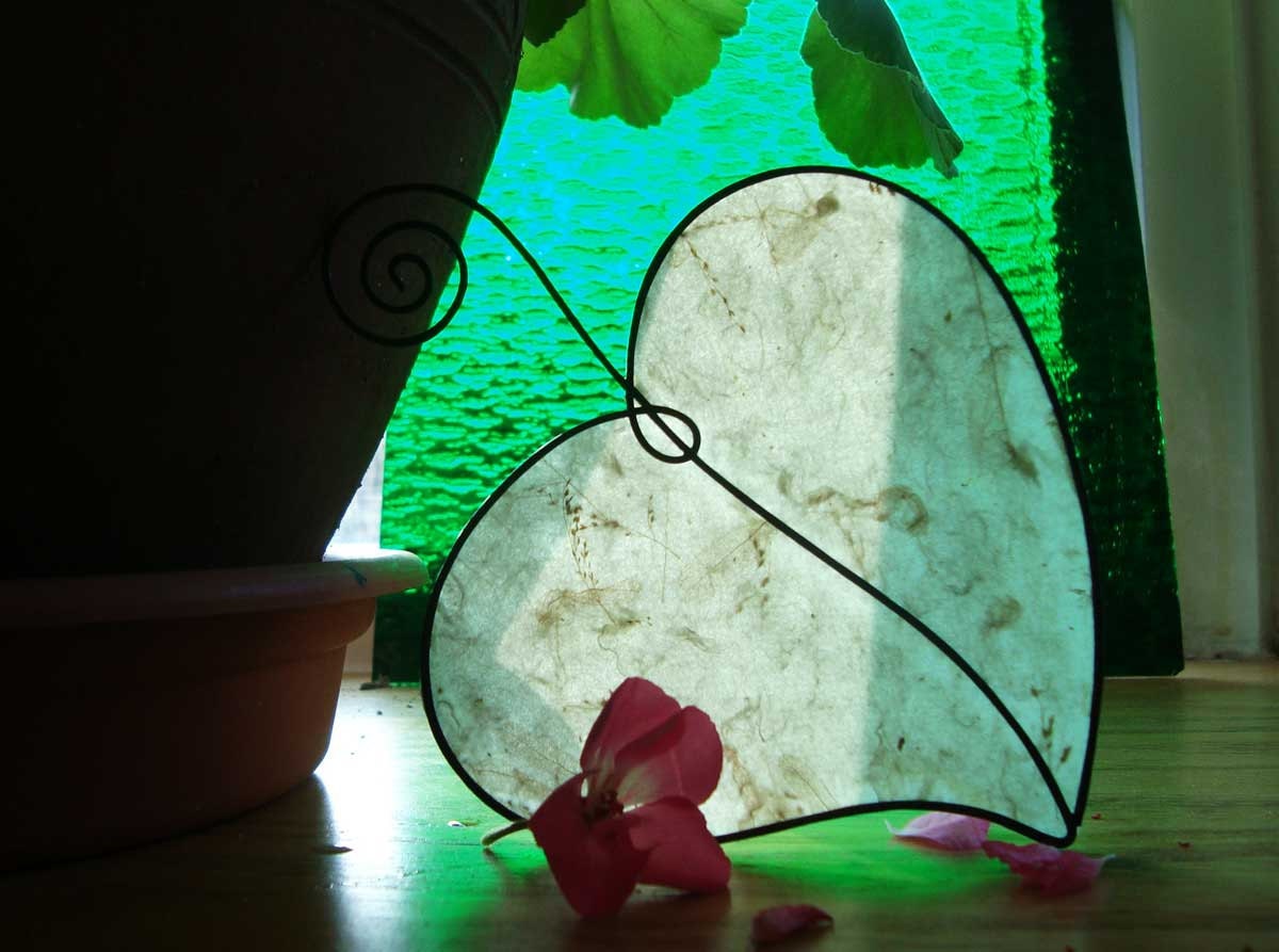Leaf Ornament Heart shaped Wire with Rice paper laced with Herbs and Flower petals