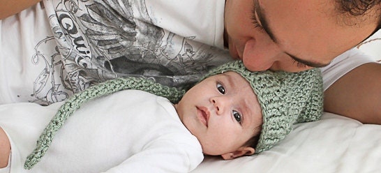 Baby Sage Elf Hat with Long Tail - Crochet Newborn Beanie Boy Girl Christmas Thanksgiving Photo Prop Cap