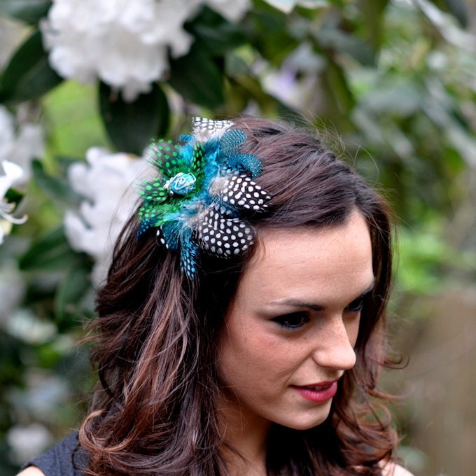Feather Fascinator Blue and Silver Rave with Turquoise Silver Wire Wrapped Stone