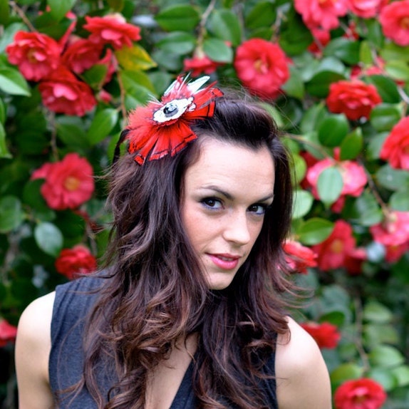 Red Feather Fascinator with Red and White Flower and Black Rhinestone