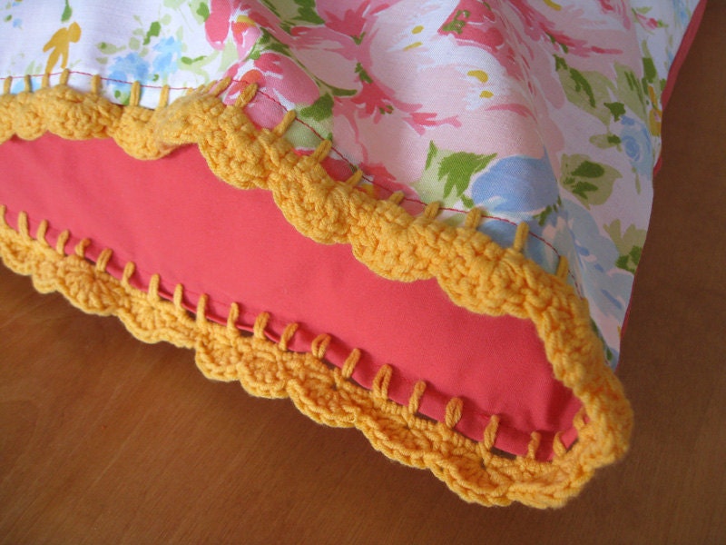 Crochet Trimmed Pillowcase - Floral & Fuschia with Yellow Lace Trim