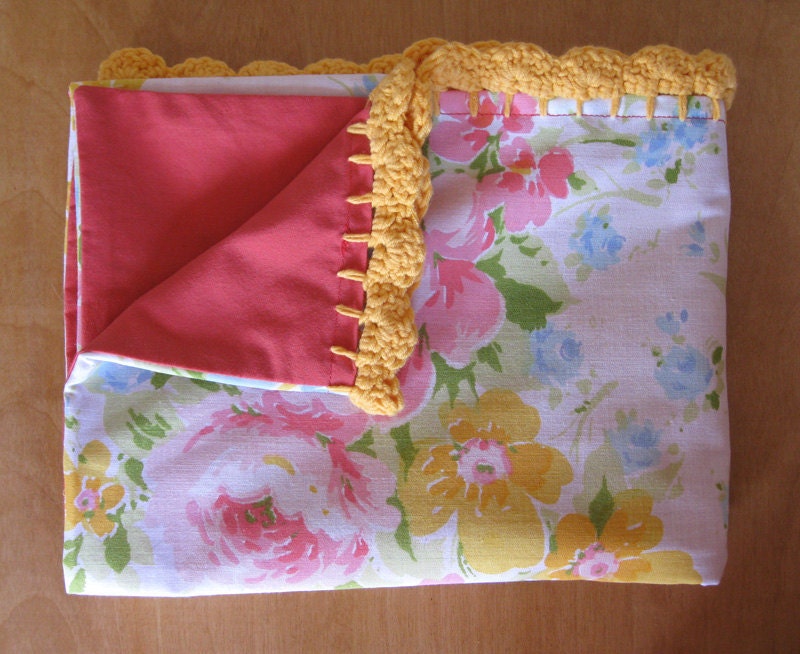 Crochet Trimmed Pillowcase - Floral & Fuschia with Yellow Lace Trim