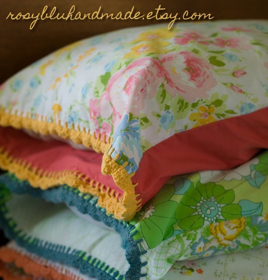 Crochet Trimmed Pillowcase - Floral & Fuschia with Yellow Lace Trim