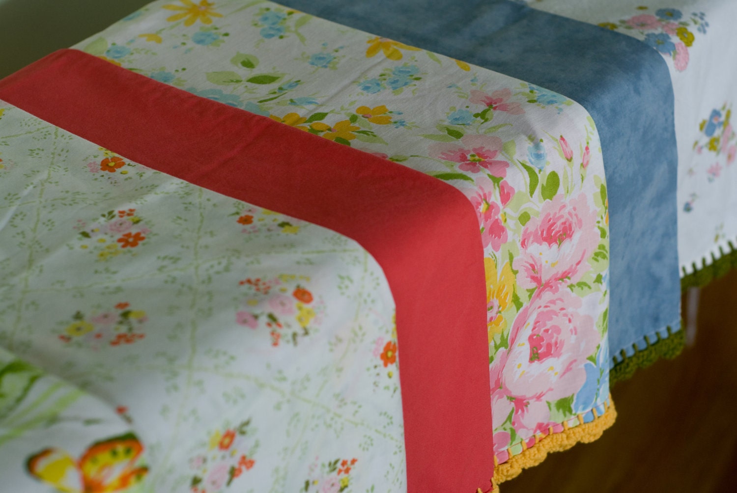 Crochet Trimmed Pillowcase - Floral & Fuschia with Yellow Lace Trim