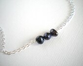 Dark Blue Freshwater Pearl Trio Silver Necklace -- Mother's Day Gift