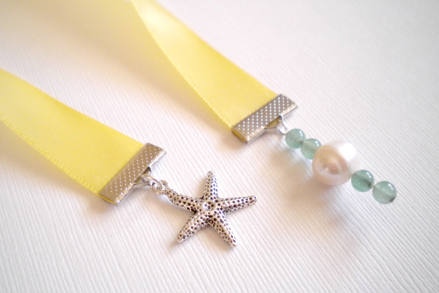Yellow Ribbon Bookmark with Starfish Charm, Freshwater Pearl, and Aventurine Beads