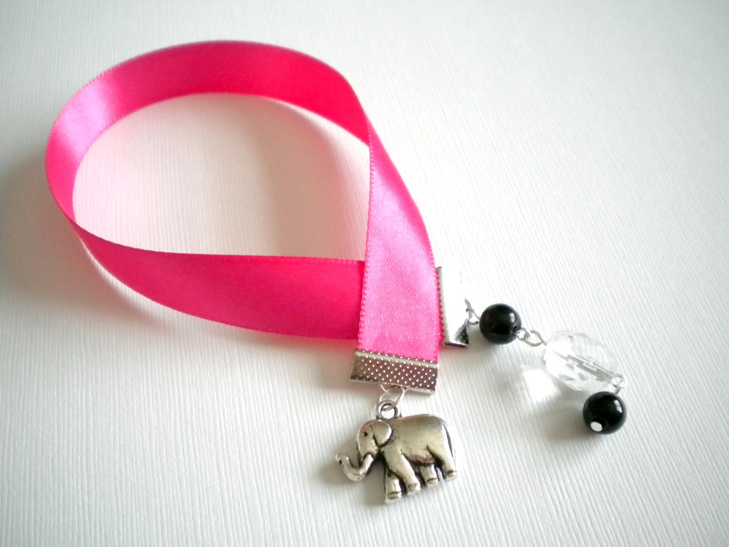 CLEARANCE--Hot Pink Ribbon Bookmark with Elephant Charm and Crystal and Black Beads