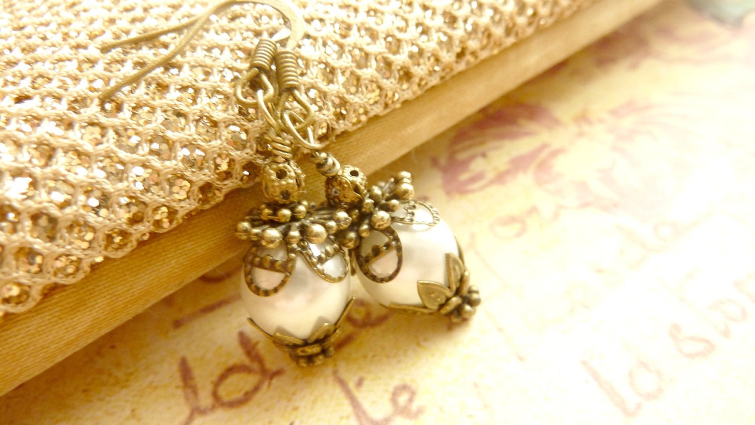 Vintage earrings ivory white faux pearl earrings brass filigree