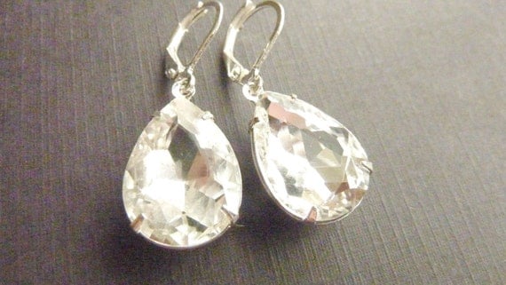 Vintage earrings in transparent clear jewel teardrop shape estate style