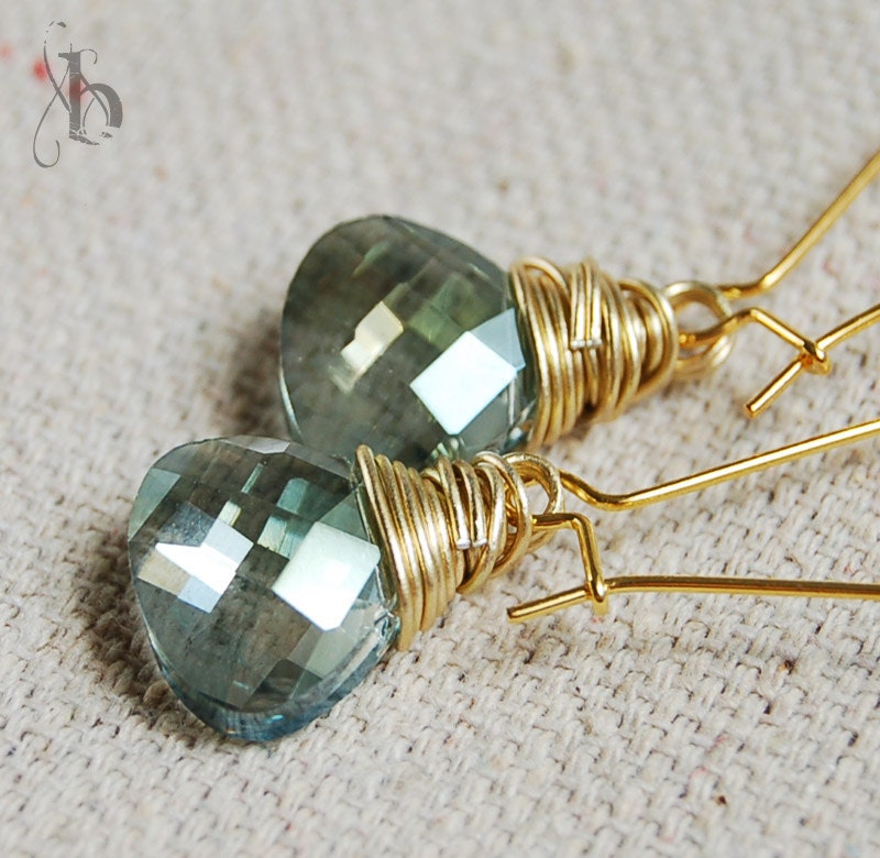 Evelyn - Erinite Green Faceted Teardrop Crystal Earrings in Gold