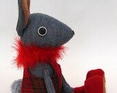 Grey Woollen Rabbit - Handmade plush sculpture - grey woollen body with tan coloured felt ears - wearing red tartan woollen tunic .