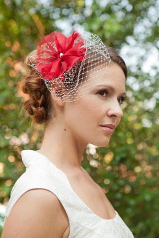 Wedding hair accessory, bridal headpiece, fascinator with a flower made of  red silk organza with an ivory pearl in the middle.