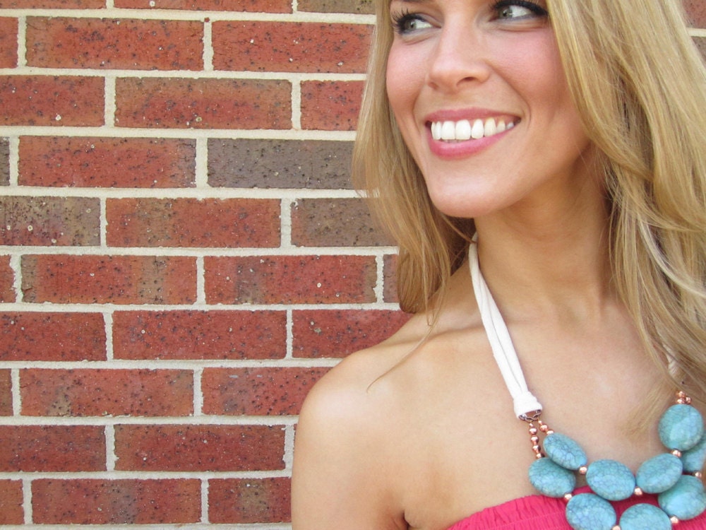 Turquoise Beaded Bib Necklace with Jersey Tie - Turquoise, Cream, & Rose Gold