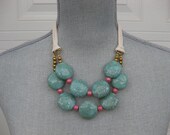 Chunky Turquoise Statement Necklace with Pink and Gold Beads & Cream Jersey Tie