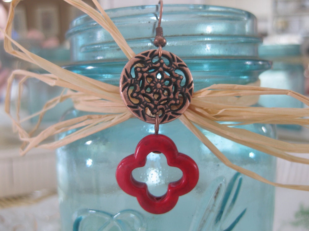 Red Turquoise Quadrefoil Earrings with Bronze Charms