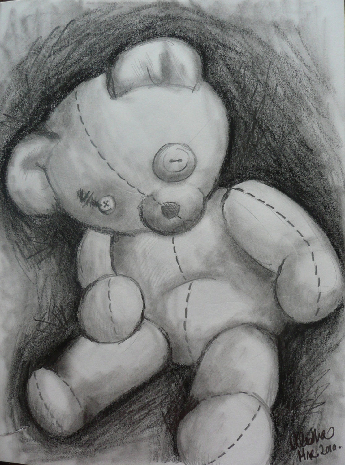 Torn Button Teddy Bear Graphite Drawing