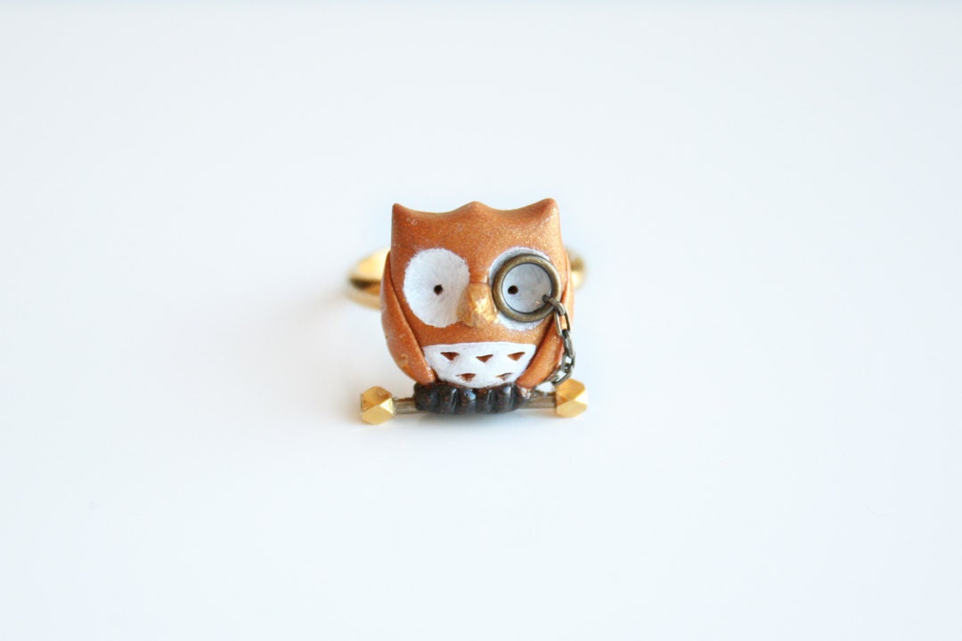 Albert the owl ring - w/ 24k gold vermeil nugget and brass bar-