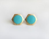 Geometric Hexagon with light blue circle stud earring