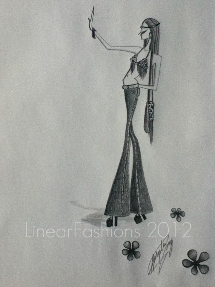 Fashion Illustration 1970s Hippie Girl Boho Art Decor
