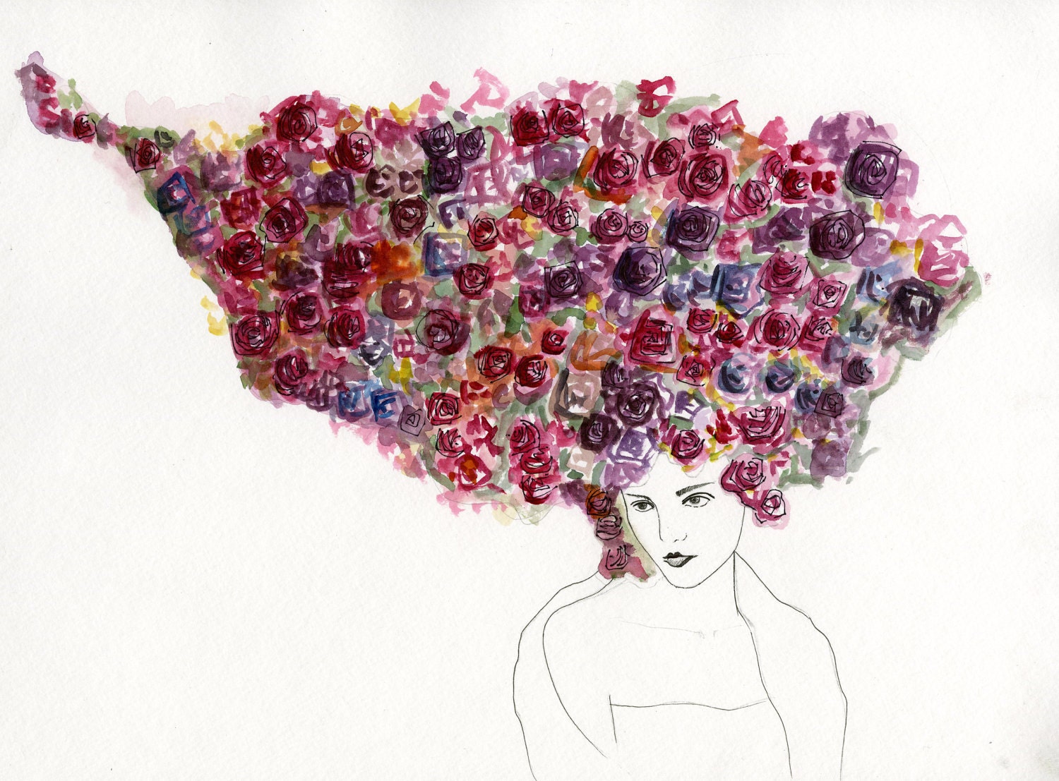 Print of Watercolor Fashion Illustration, Watercolor Illustration, Fashion Illustration, Bed of Roses