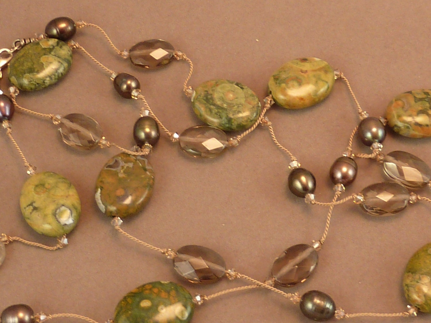 Rhyolite, faceted smoky quartz, and freshwater pearl double necklace