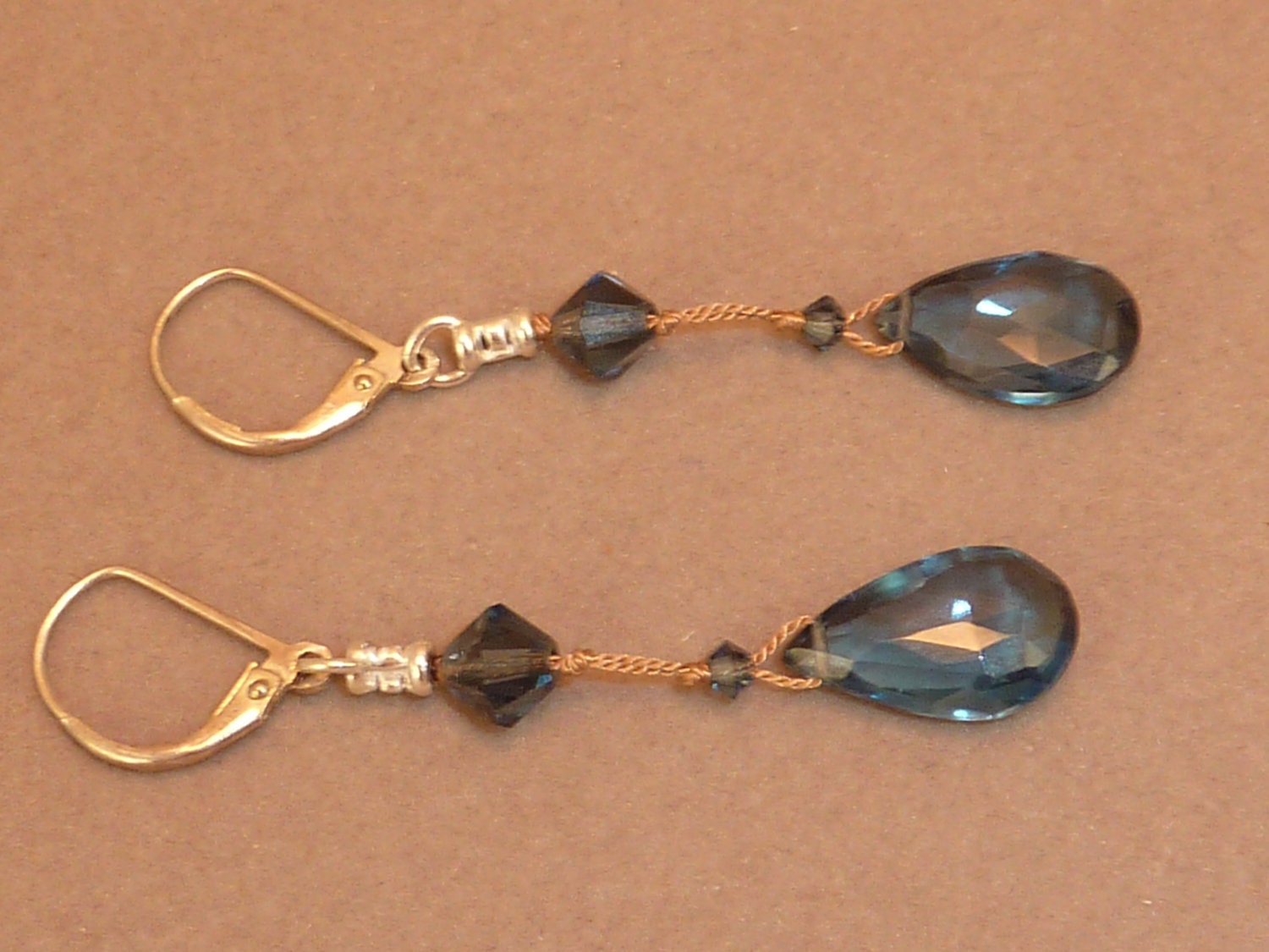 Faceted London blue topaz briolette drop earrings with sterling silver and crystal