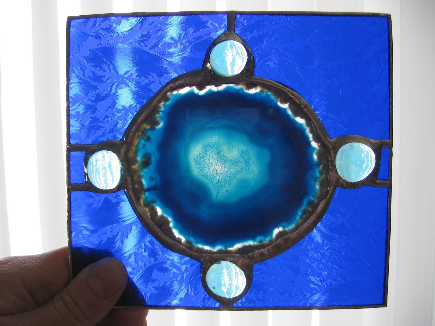 CIJ sale Cobalt blue stained glass jewelry box with blue agate slice lid