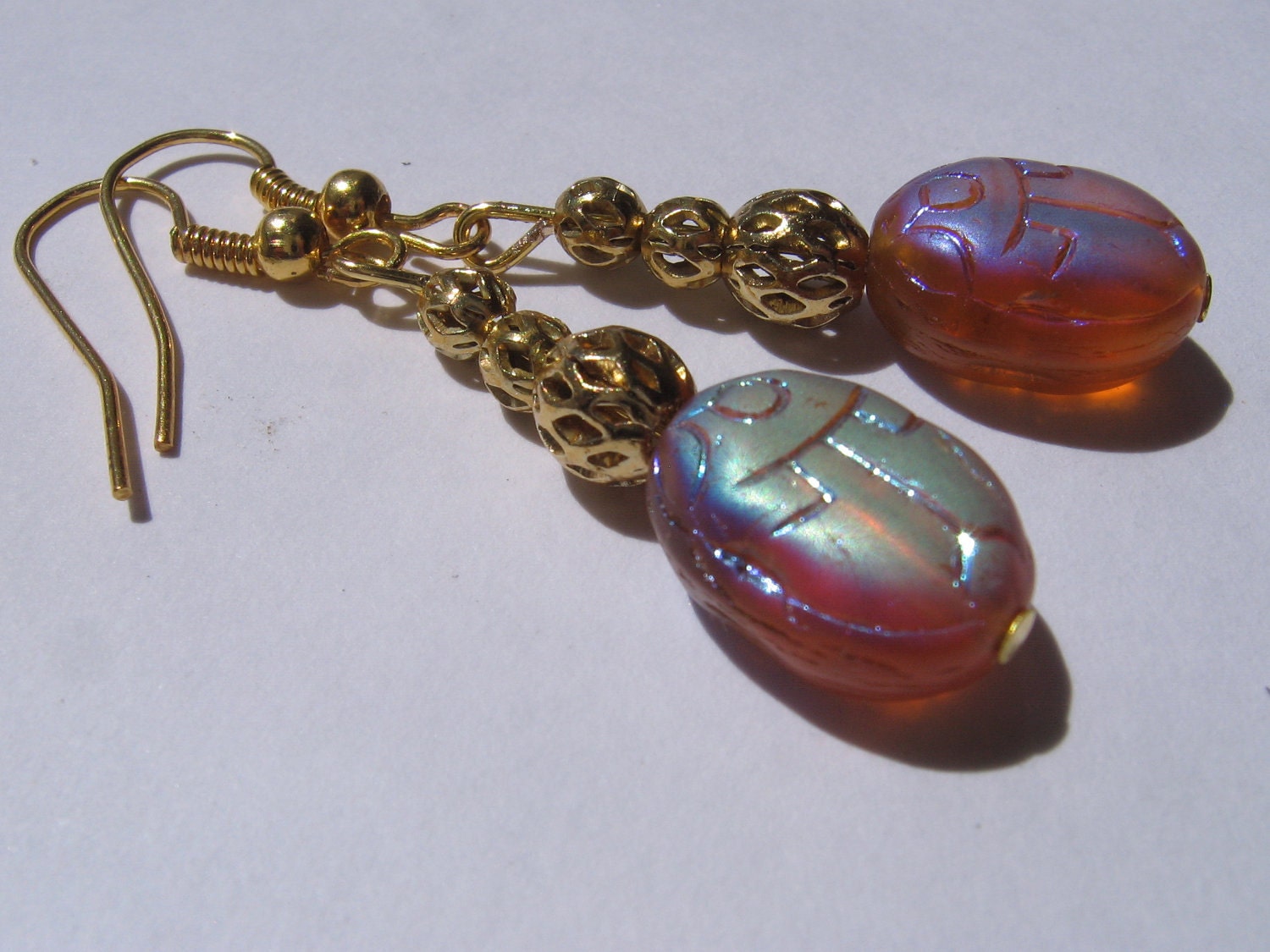 Iridescent Scarab and Gold Filigree Earrings