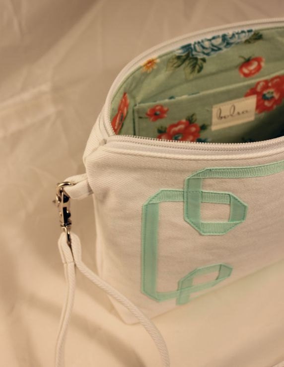White and Mint Grosgrain Ribbon Print Clutch or Wristlet