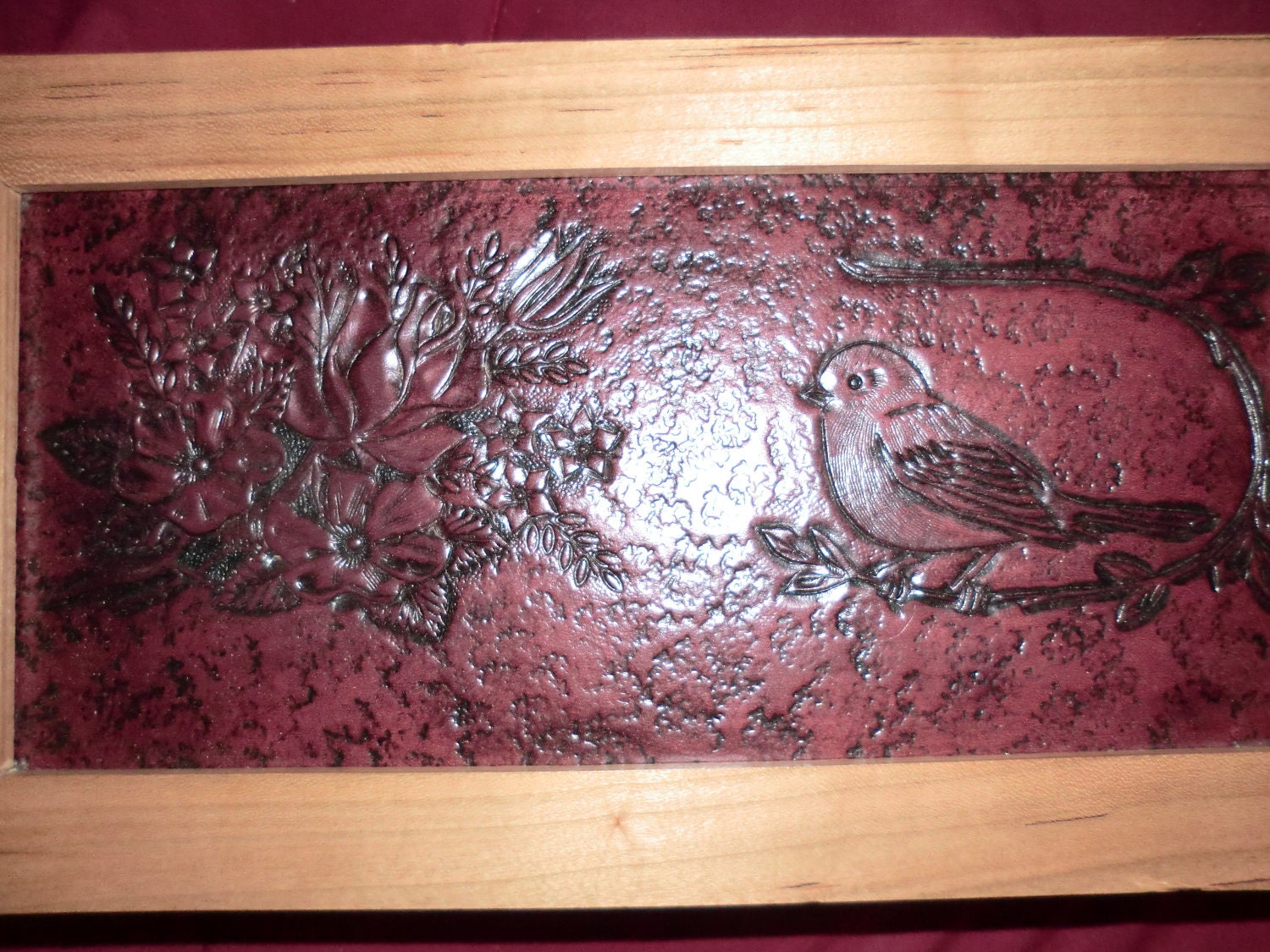 Black Cherry and Carved Finch and Flower in Leather / Jewelry/Treasure Box