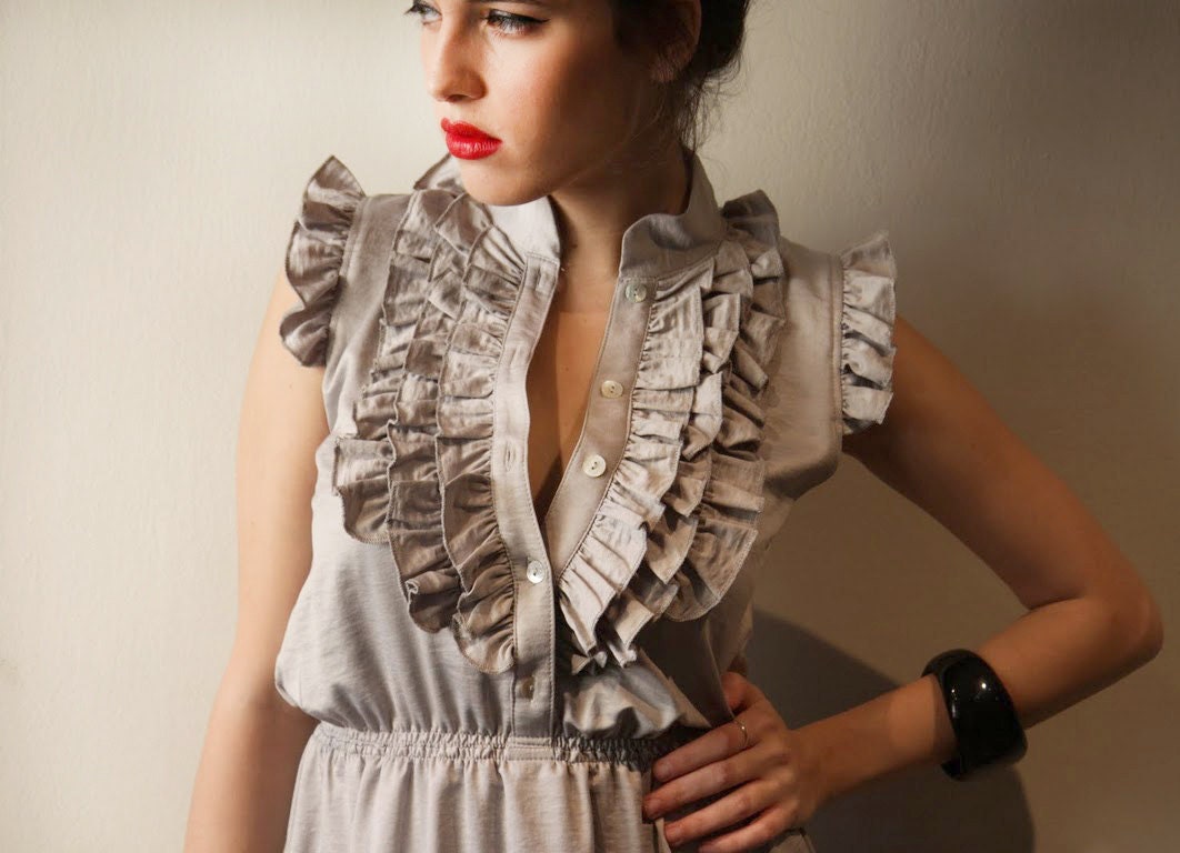 Silver Gray , Women , Ruffles Dress , Spring Dress