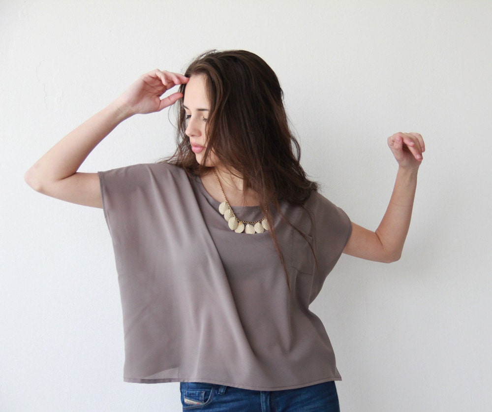 Crop Milky Brown Blouse, Boxy Silky Shirt