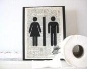 Public Restroom Panel - FREE Shipping - Graphic on Vintage Dictionary Page - 8 x 10 Mounted Black Canvas - WhiteBarnArt