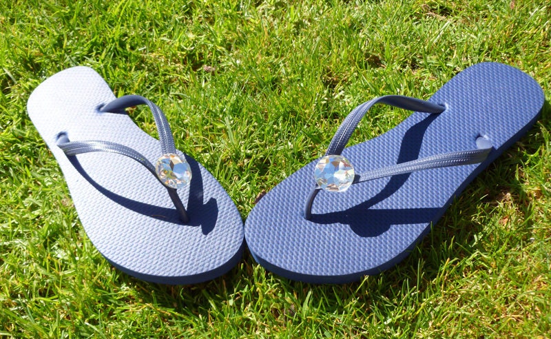 Navy Blue Giant Rhinestone Flip Flops