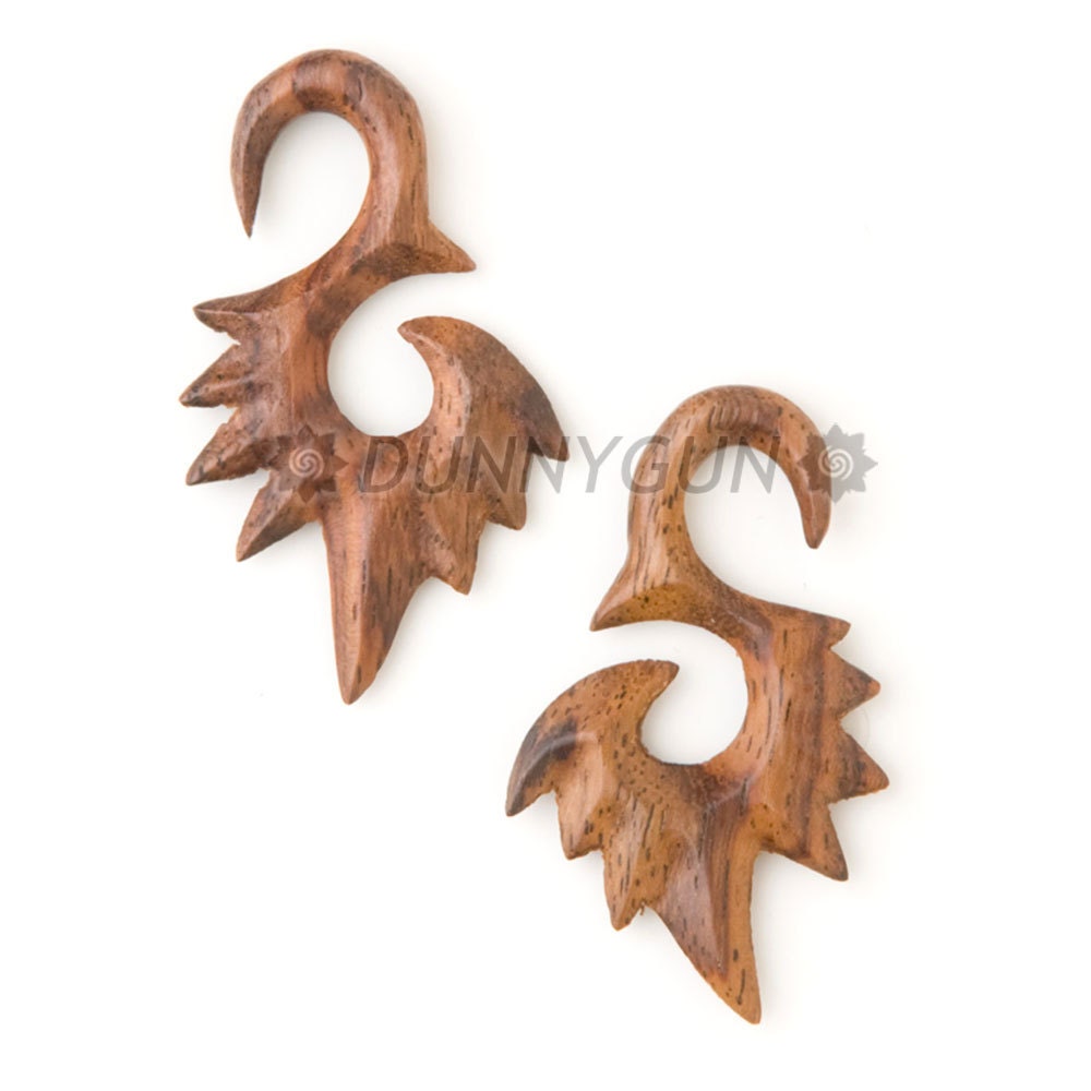 6G Pair Tiger Rosewood Spiked Swans -Organic Hand Carved Body Piercing Jewelry 6 Gauge Wood Plugs Earrings