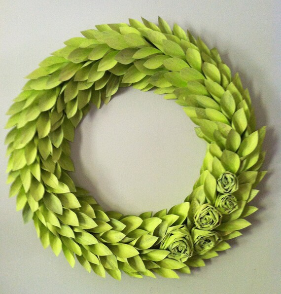 chartreuse modern wreath - lime painted newspaper - large 22 inch newspaper rosette and leaf