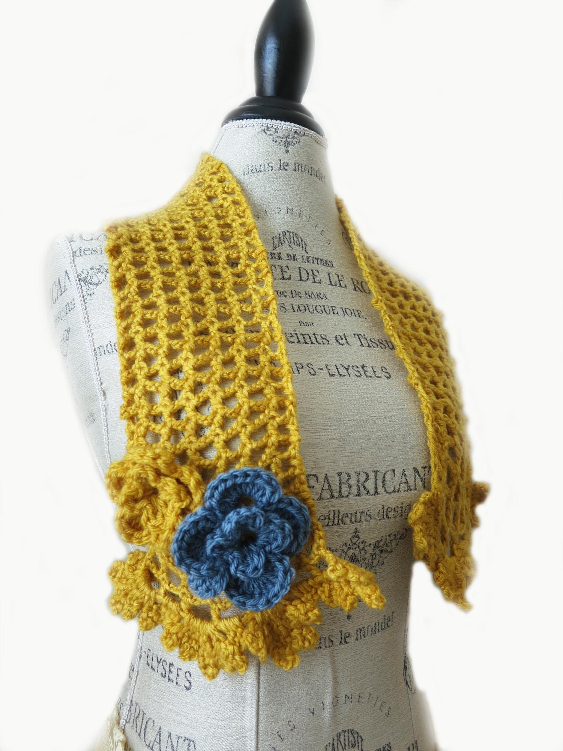 Crochet Lace Scarf Scarflette Neck warmer-Mustard Yellow french Blue-Spring Summer Accessories-Taste Test Colors
