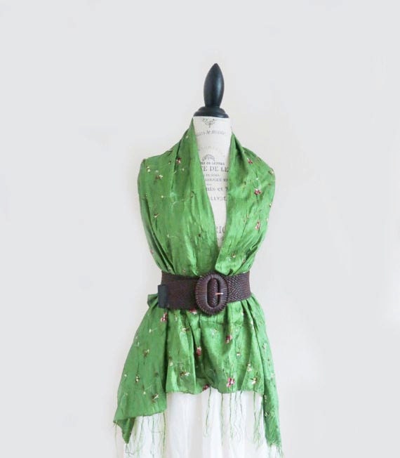 Avocado Green Silk Embroidered Scarf Shawl Wrap Pareo Clothing Summer Fashion Skirt Bohemian Gypsy Large
