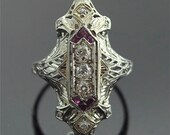 Antique Filigree Ring - Long White Gold, Diamond, and Ruby Ring