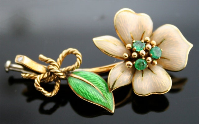 Tiffany Emerald Pin - 18k Gold and Enamel Brooch