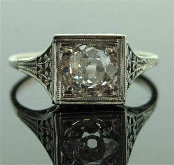 Antique Diamond Ring - 18k White Gold with Mine Cut Diamond