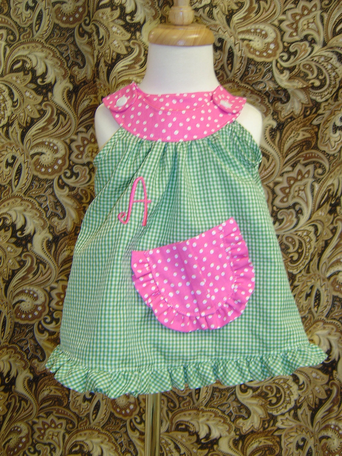 Gingham check with pink/white polka dots, initial embroidered