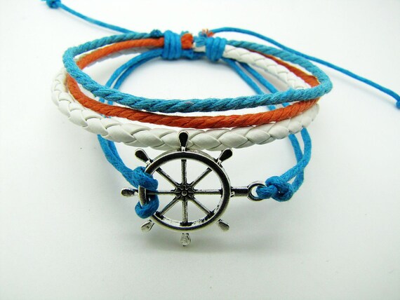 silvery rudder pendant Leather and Ropes Women Cuff Bracelet Unisex Bracelet Jewelry Cuff Bangle  839A