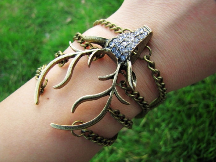 Vintage Style Antique Bronze Deer Antler Pendant Women Girl Chain Cuff Bracelet  438A