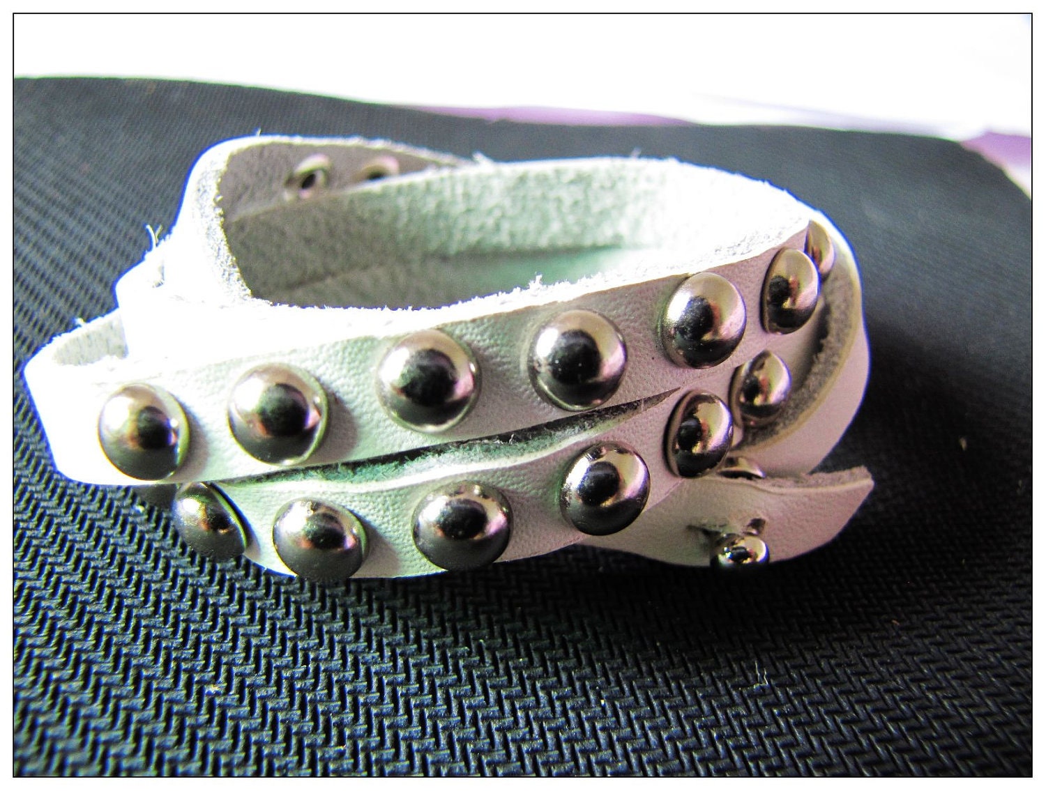 White Soft Leather and Silvery Rivet Women's Leather Bracelet, Friendship Bracelet 511A