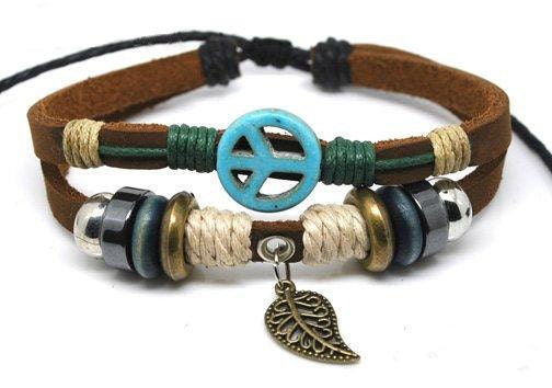 Jewelry Bangle black Leather Peace Sign Women Leather Cuff Bracelet, Men Leather Bracelet 58A