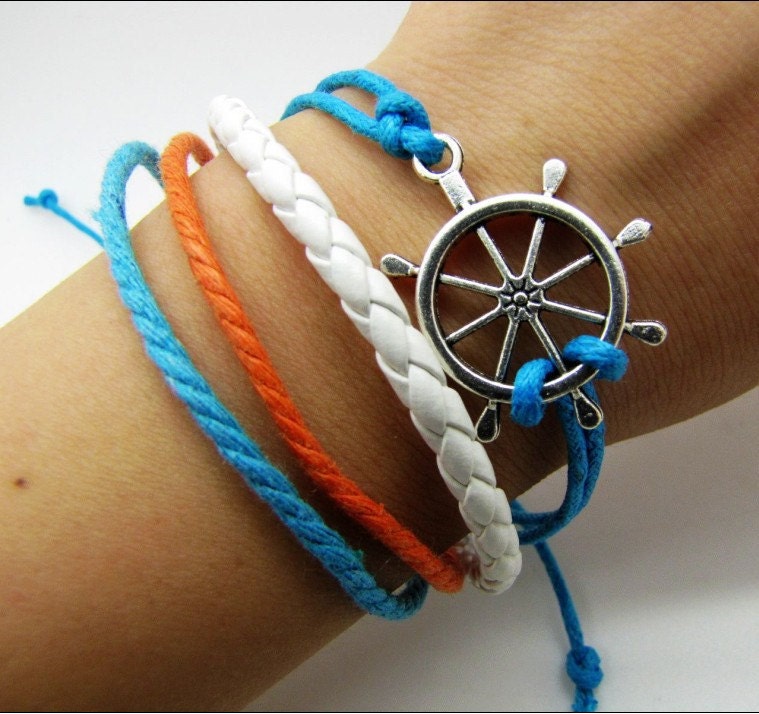 silvery rudder pendant Leather and Ropes Women Cuff Bracelet Unisex Bracelet Jewelry Cuff Bangle  839A