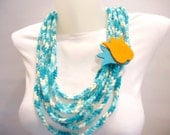 Women Accessory, Necklace Scarf, Blue White,  With Tulip  Brooch