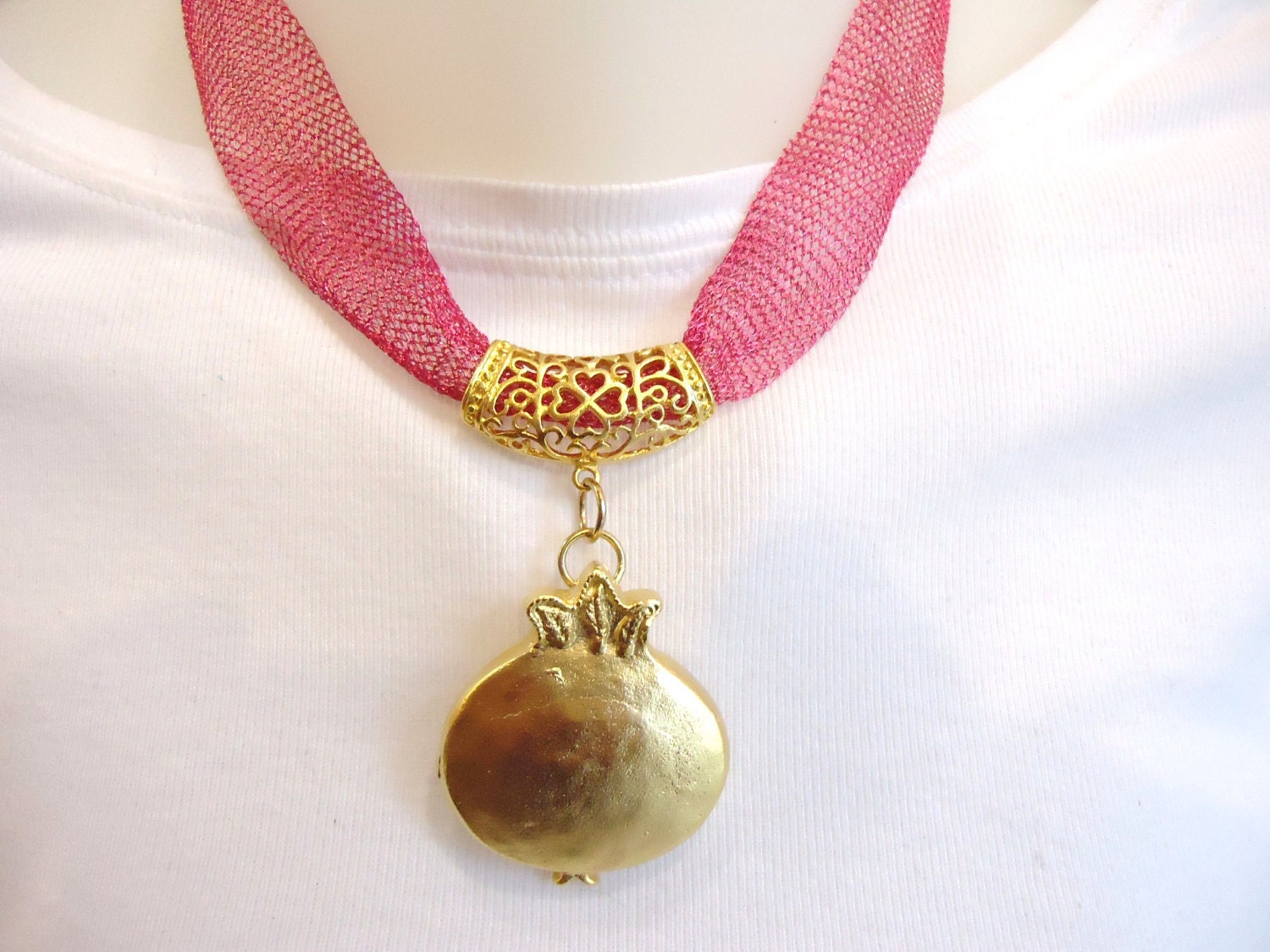 Pomegranate, Necklace, Titanium ribbon necklace, For Your Valentine,Fushia