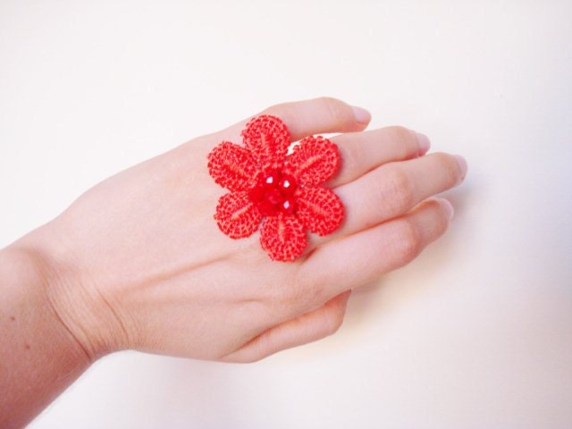 Red Coral Lace Ring for Bridesmaids, For Women, Flower Ring